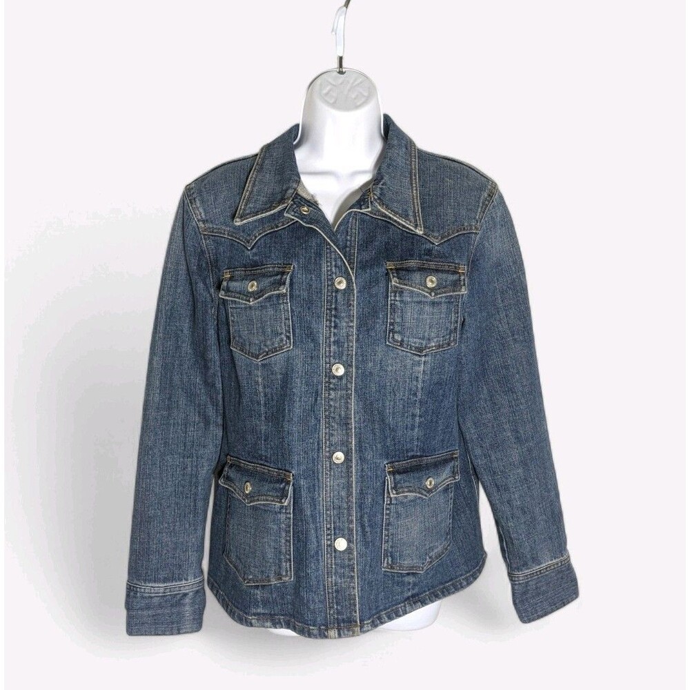 Vintage GAP Denim Jean Jacket Sz L Stretch Utility 4-pocket Western 90s Summer